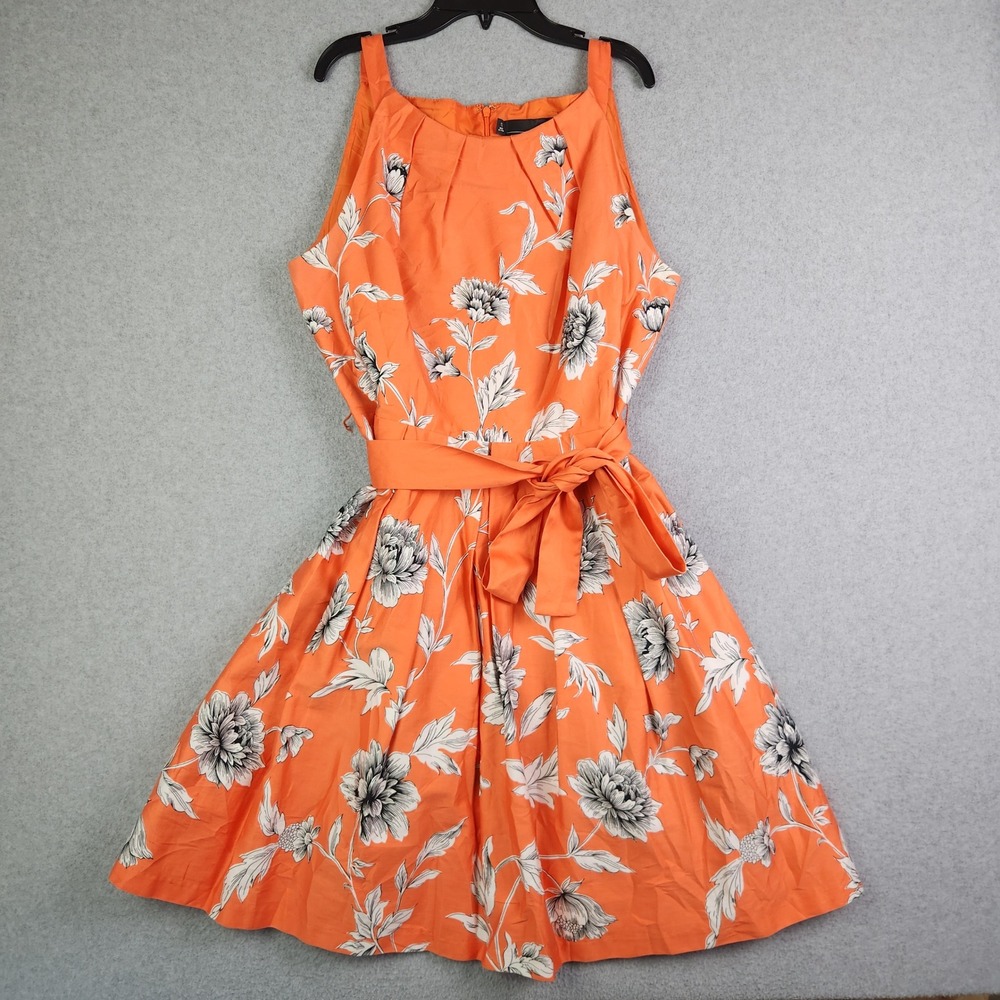 Chetta B Fit & Flare Dress Womens 12 Orange Floral Pleated Belted Waist Back Zip